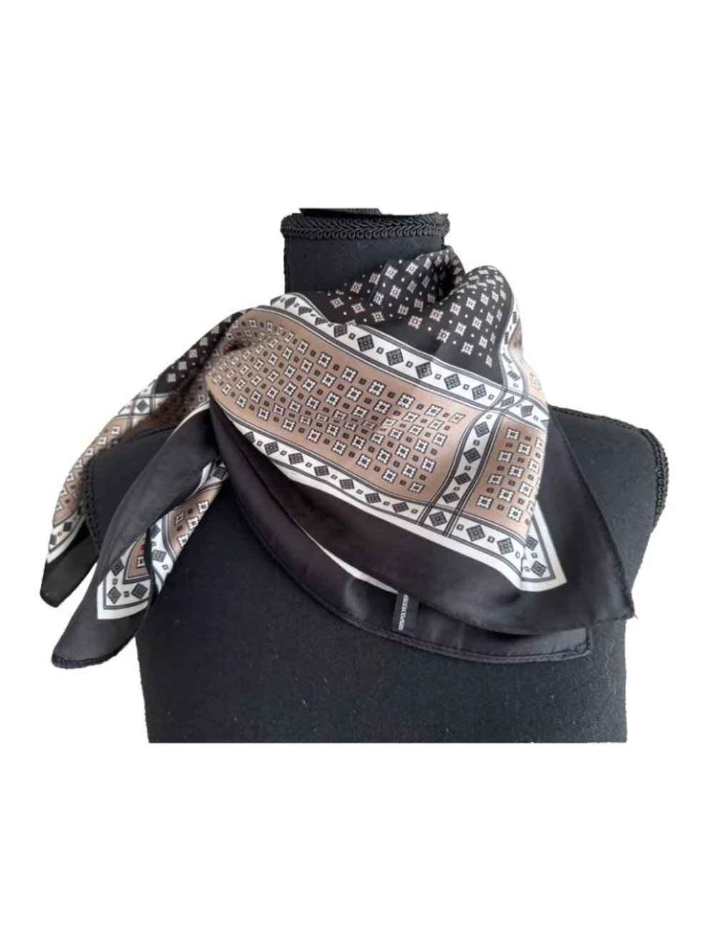Elan 36” Square Scarf Geometric Silky Handkerchief Black Brown Cream NEW